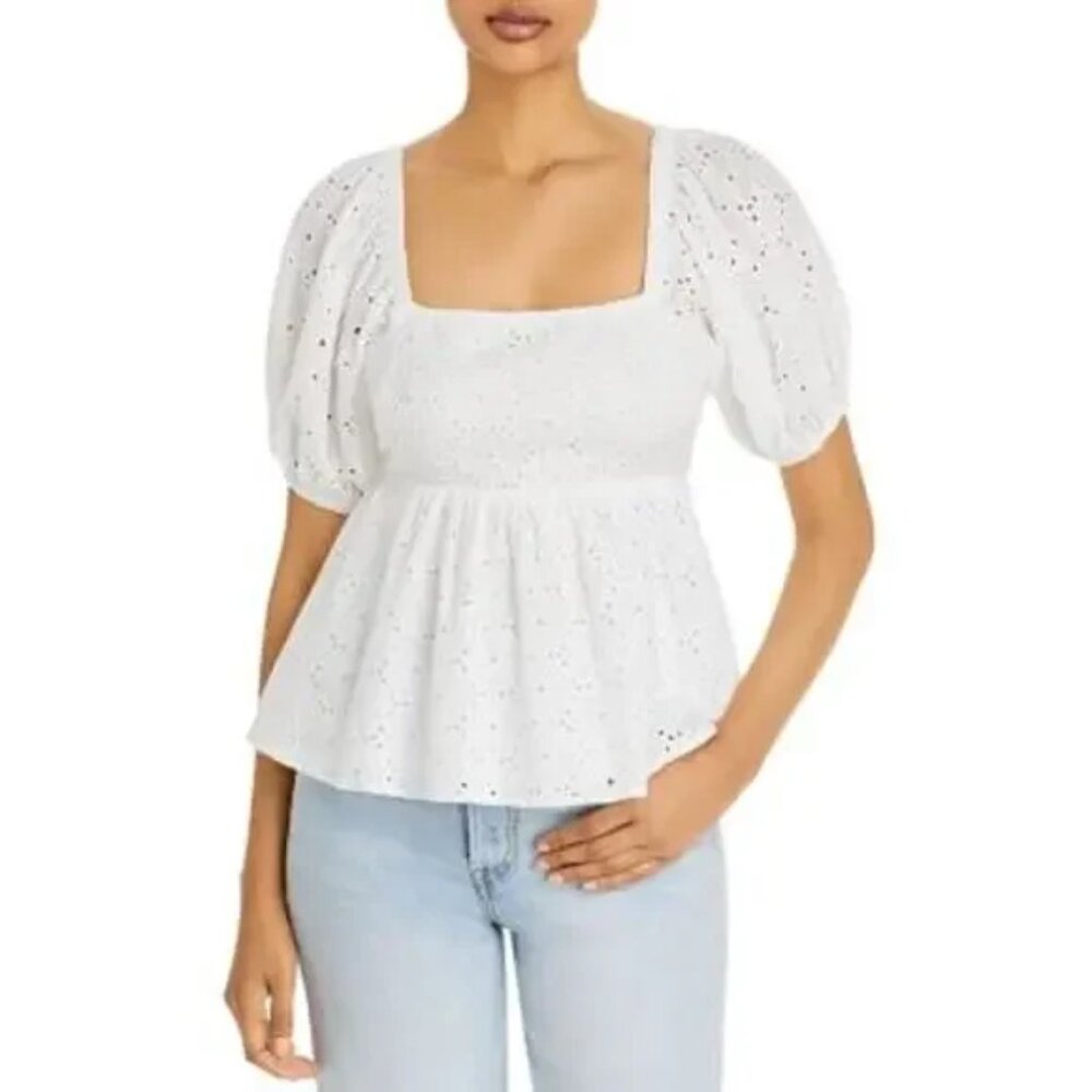 White Babydoll Top Eyelet Short Sleeve Peplum NWT AQUA Sz Medium Spring